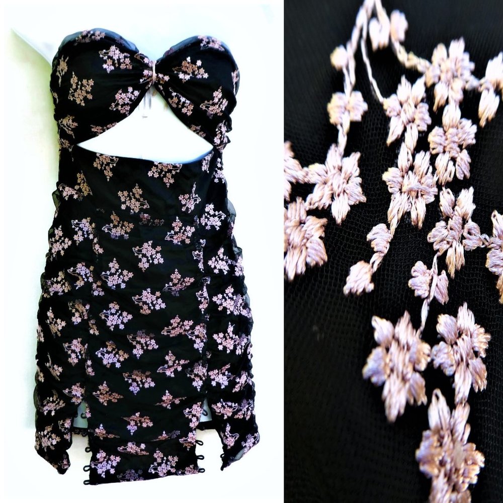 Majorelle Revolve Mini Dress Floral Embroidery Ruched Mesh Lace Up Hem Side Zip - Picture 1 of 8